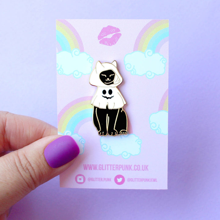 Cat in a Ghost Costume Enamel Pin