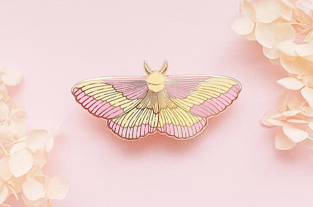 Rosy Maple Moth Enamel Pin