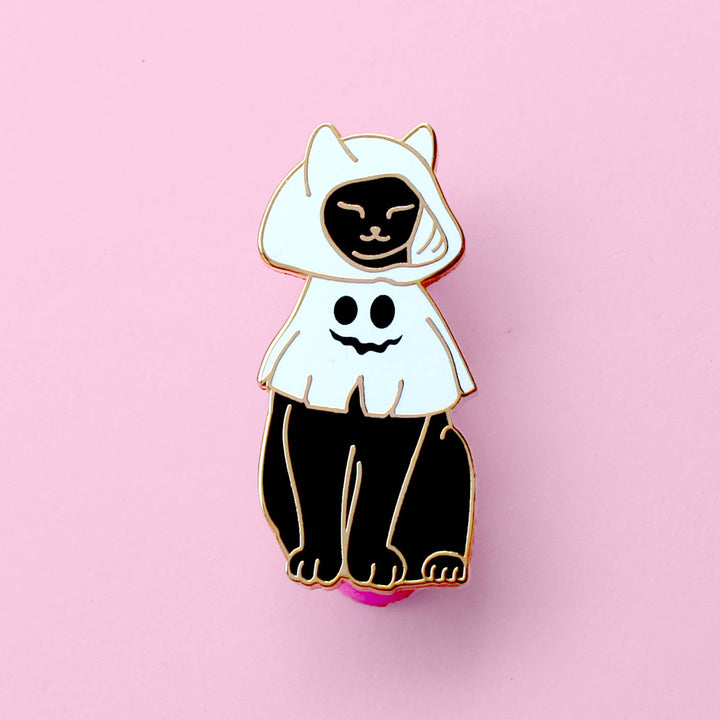 Cat in a Ghost Costume Enamel Pin