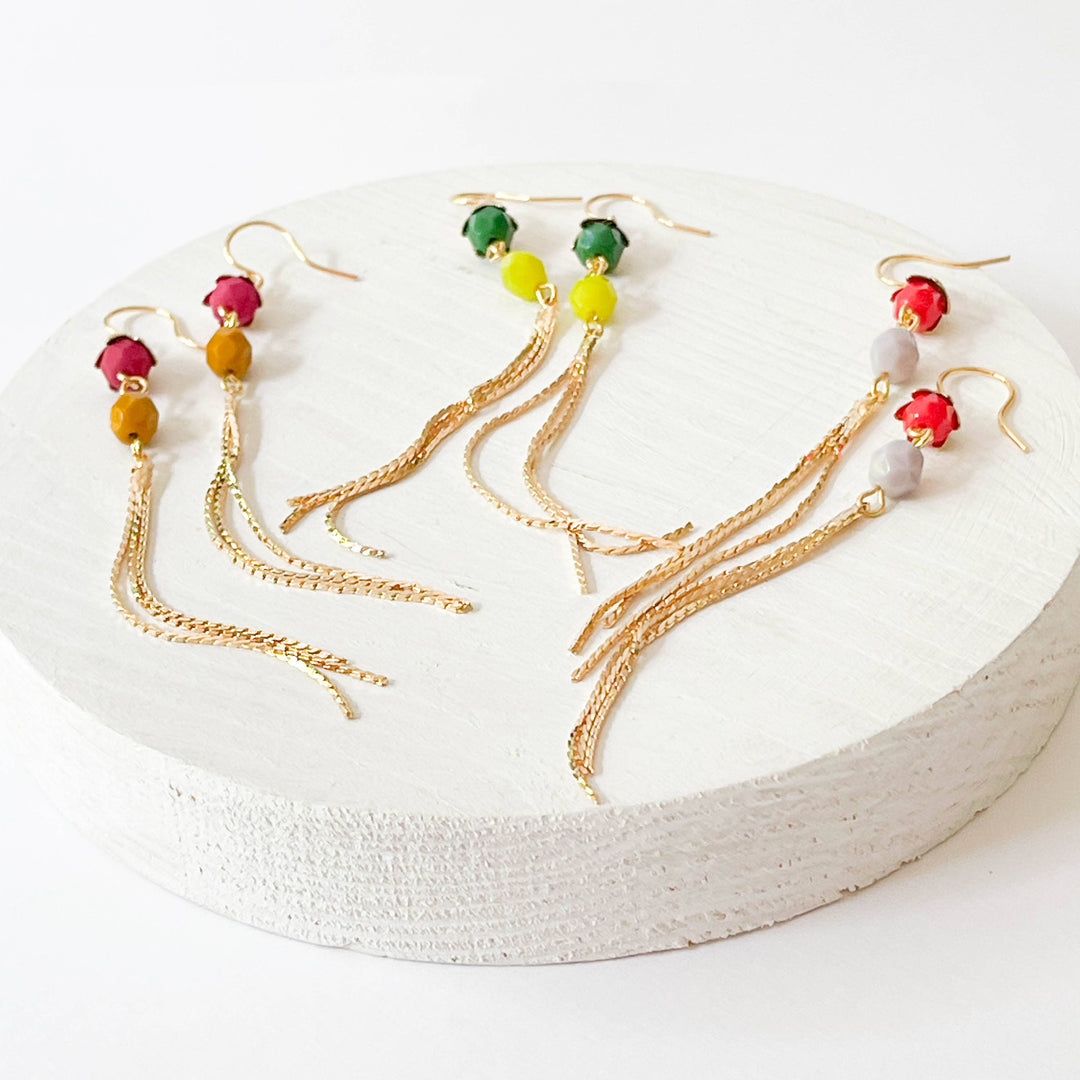 Long Glass Bead and Gold Tassel Earrings