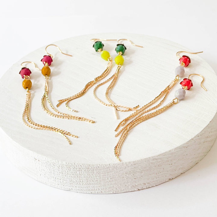 Long Glass Bead and Gold Tassel Earrings