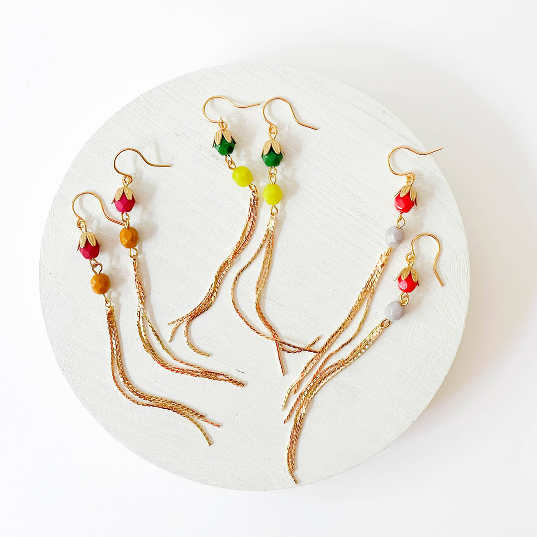 Long Glass Bead and Gold Tassel Earrings