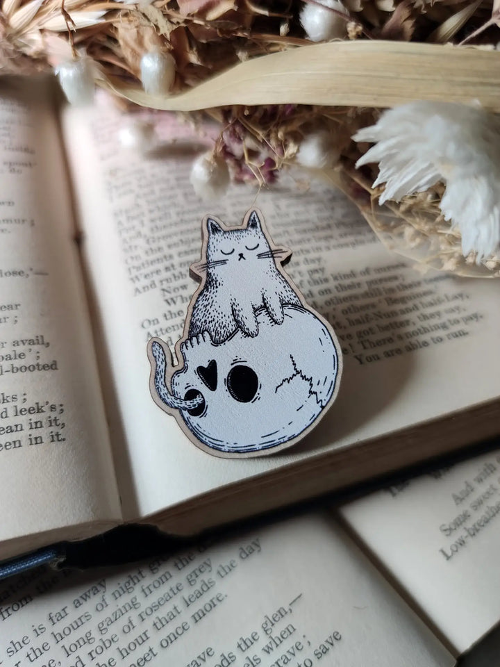 Skull Cat Wooden Pin
