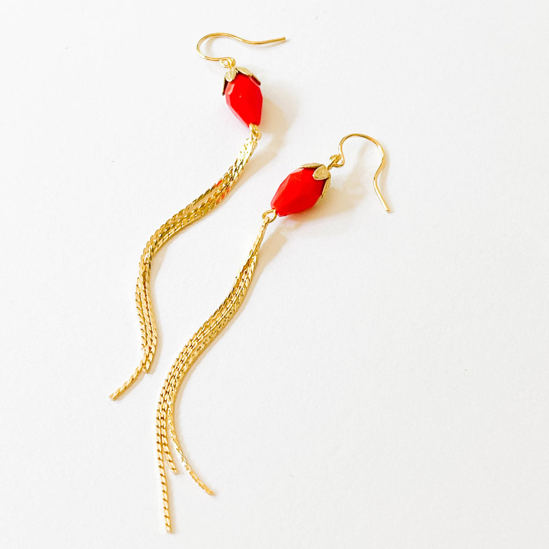 Long Red Gold Chain Tassel Earrings