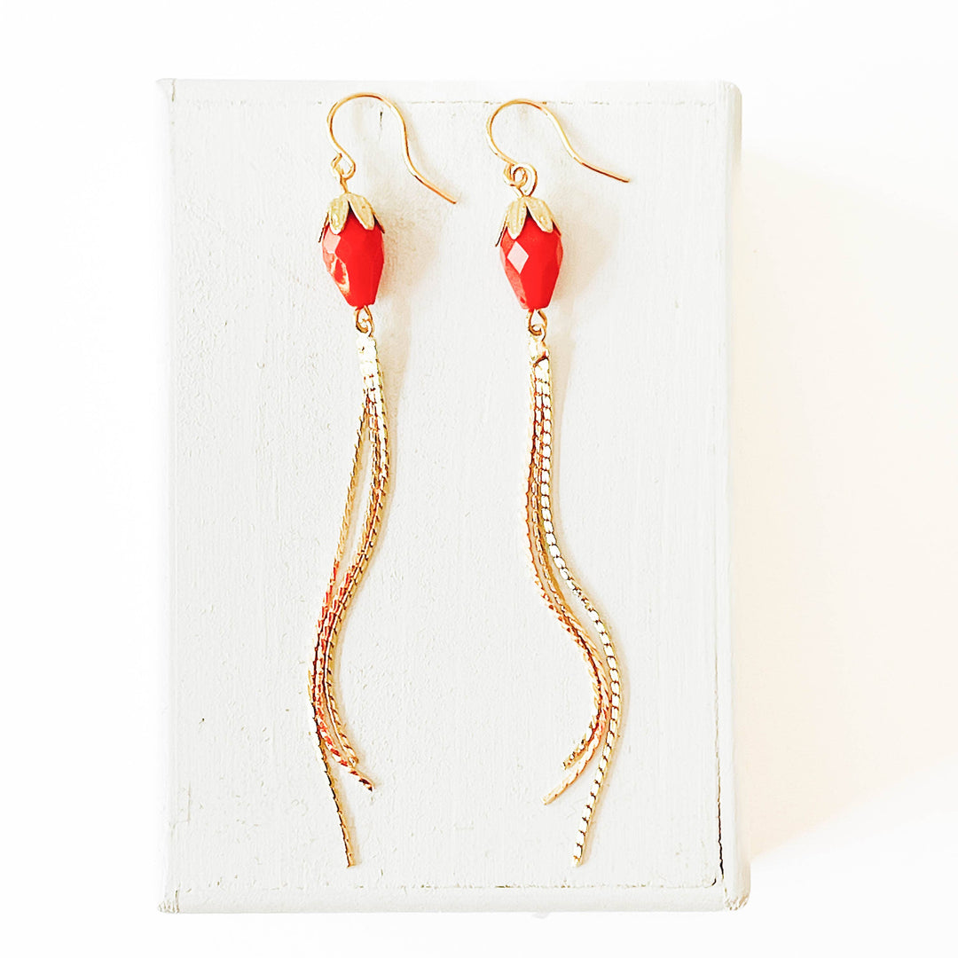 Long Red Gold Chain Tassel Earrings