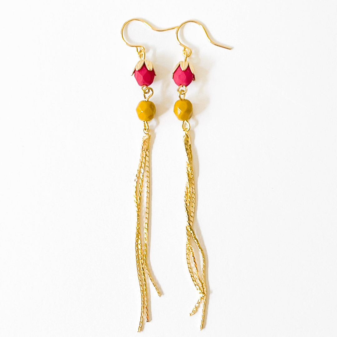 Long Glass Bead and Gold Tassel Earrings