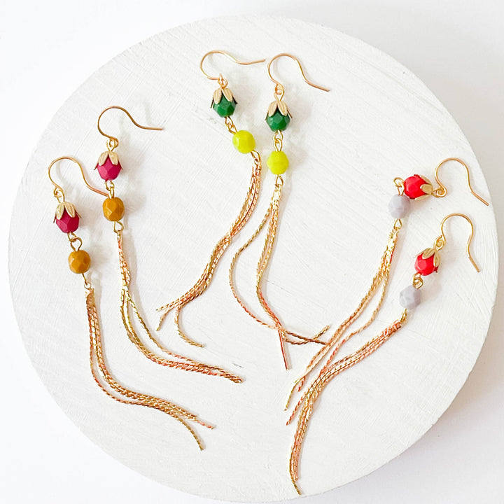 Long Glass Bead and Gold Tassel Earrings
