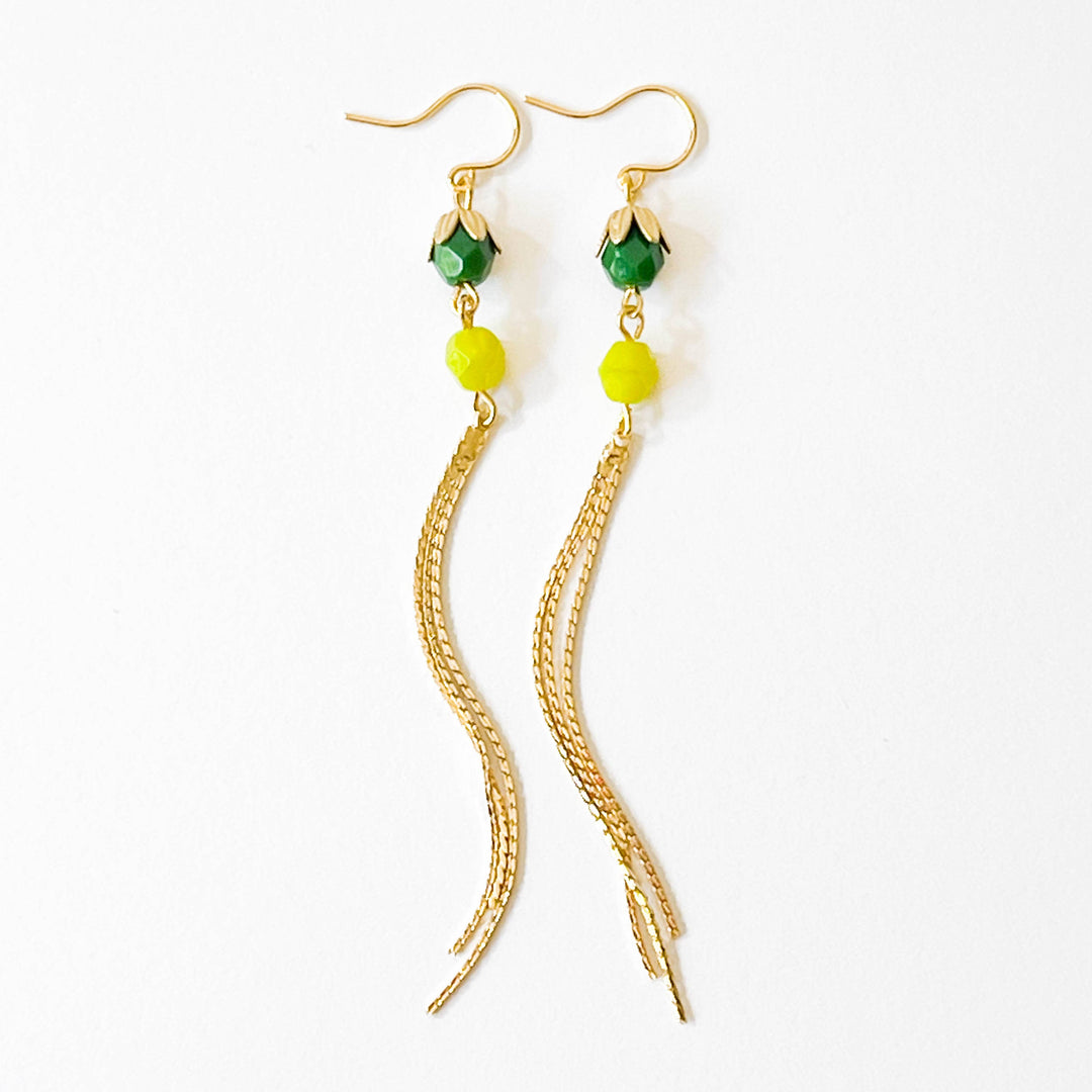 Long Glass Bead and Gold Tassel Earrings