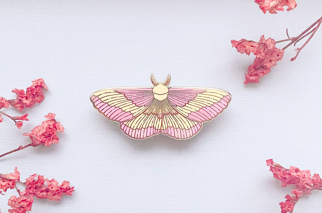 Rosy Maple Moth Enamel Pin
