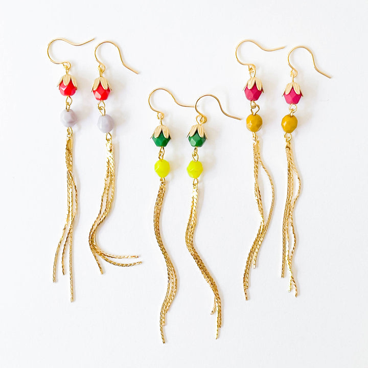 Long Glass Bead and Gold Tassel Earrings