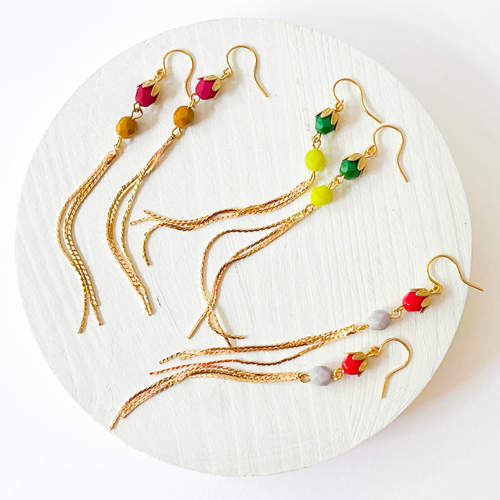 Long Glass Bead and Gold Tassel Earrings