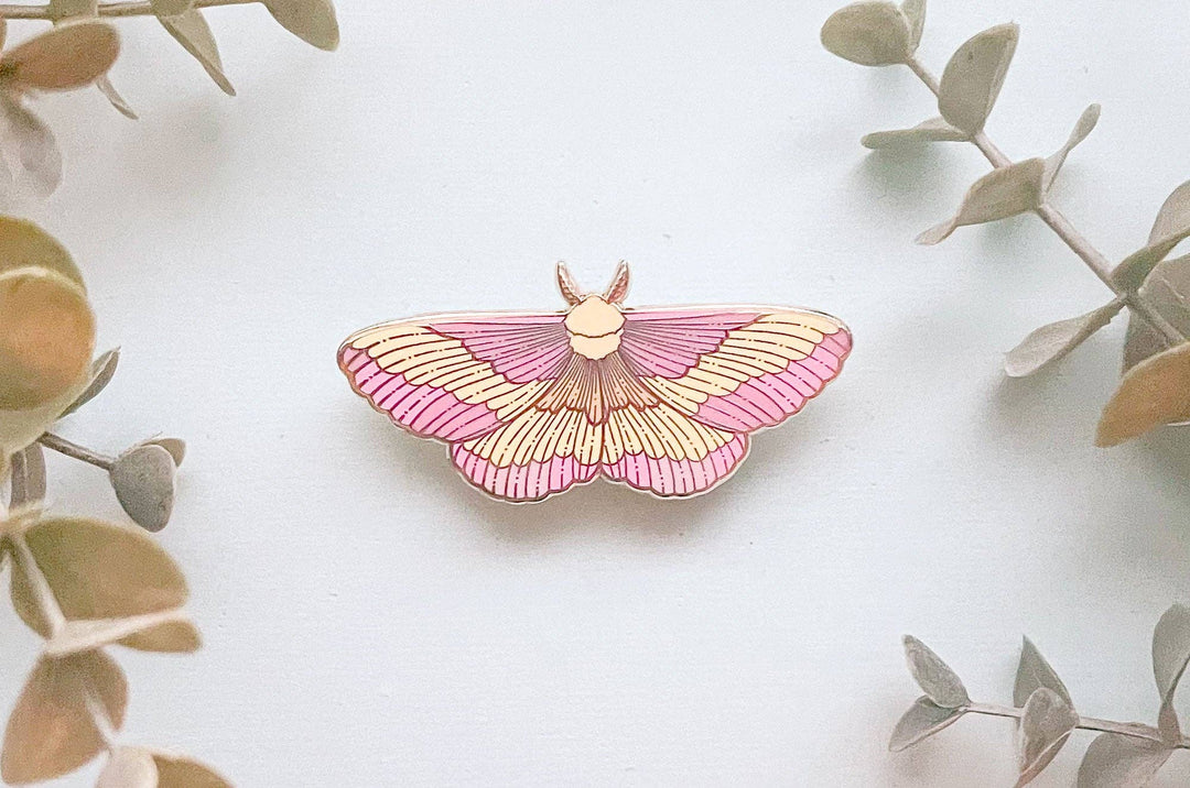 Rosy Maple Moth Enamel Pin