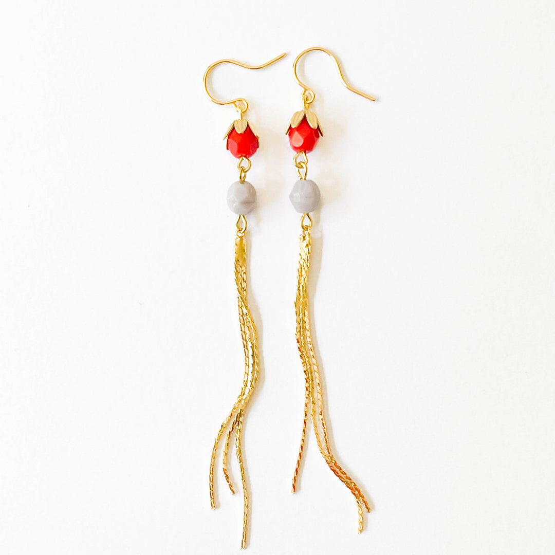 Long Glass Bead and Gold Tassel Earrings