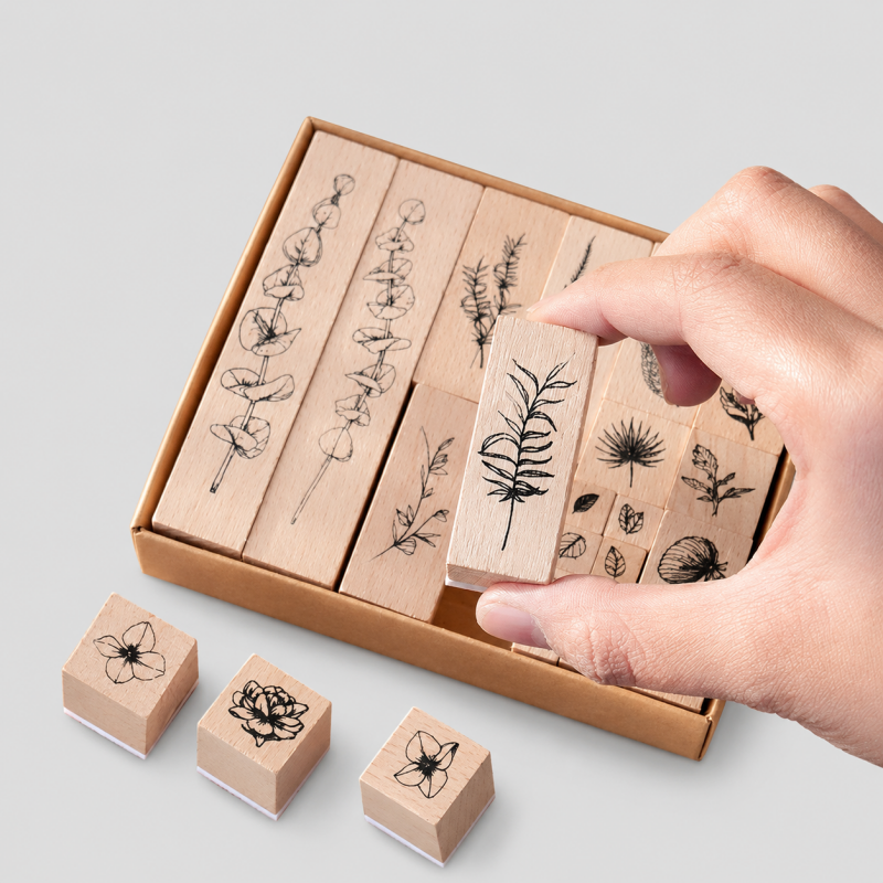 Vintage Botanical Wooden Rubber Stamp Set
