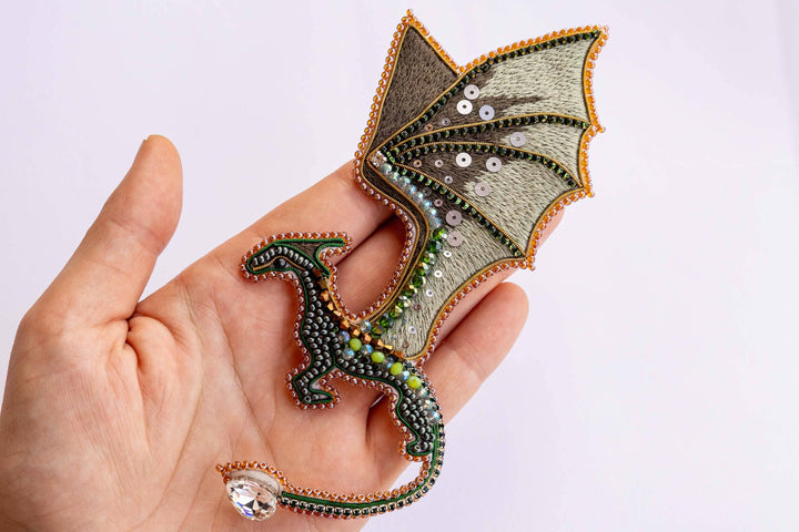 Green Dragon Beaded Brooch Kit: DIY Embroidery Jewelry