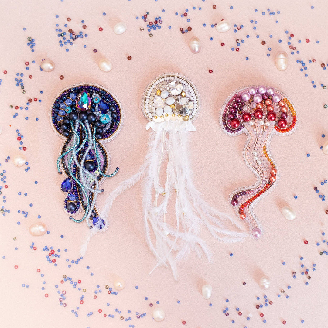 Set of 3 Jellyfish Brooches, Embroidery Kit: DIY Needlework