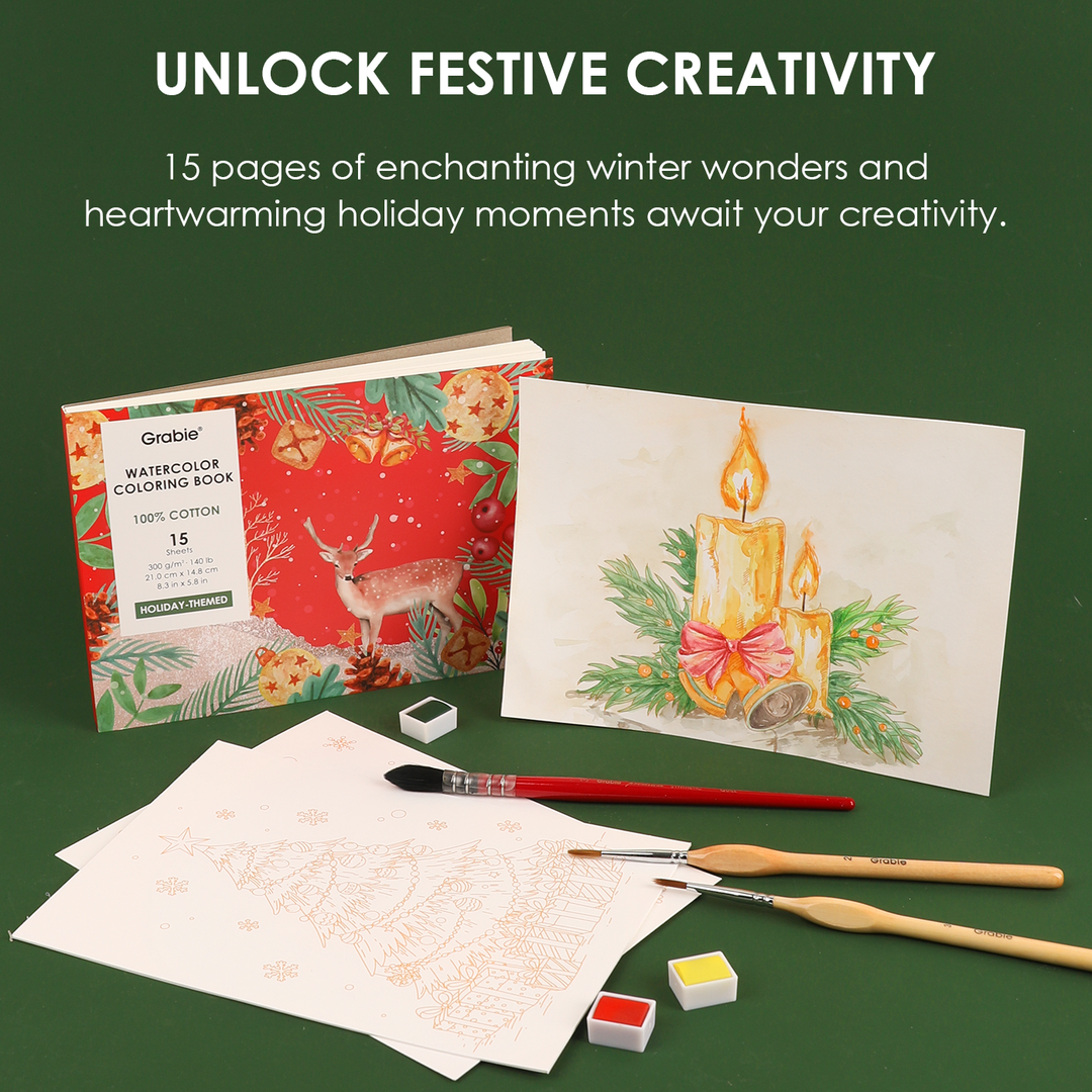 15 Sheets 140LB Holiday-Themed Watercolor Coloring Book