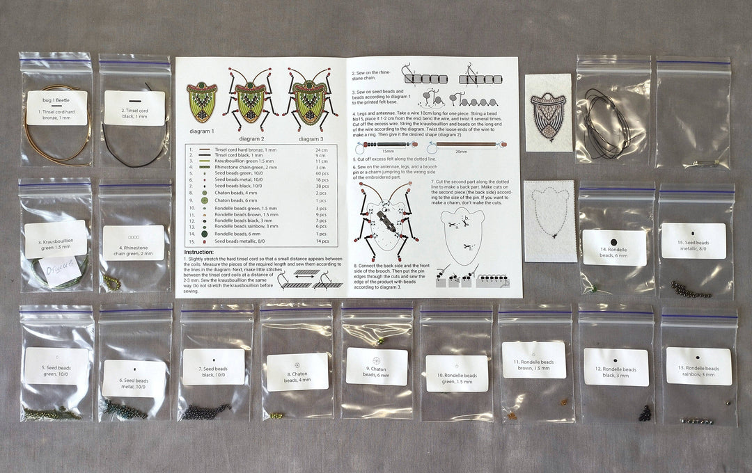 Set of 4 Bead Embroidery Kit: DIY Insect Brooches