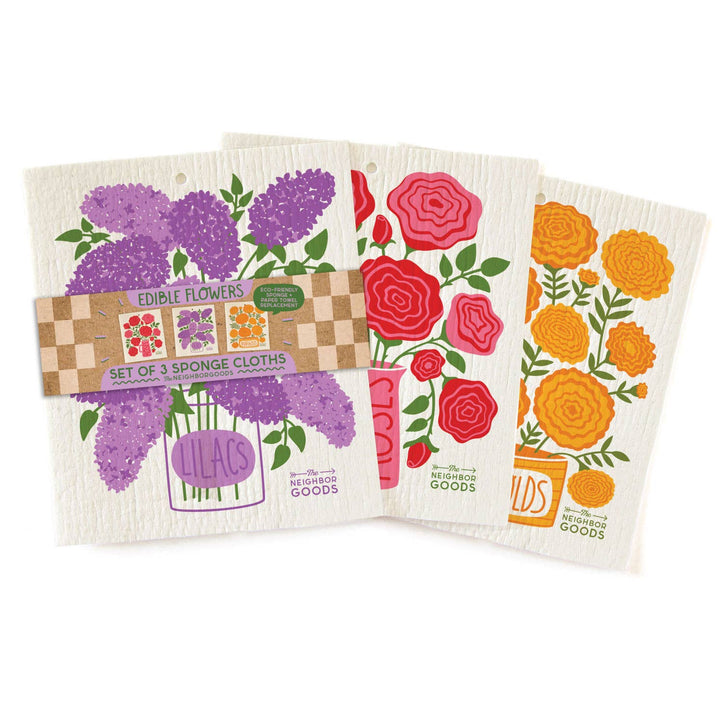 EDIBLE FLOWERS (Lilac, Marigold, Rose) Sponge Cloth Set of 3