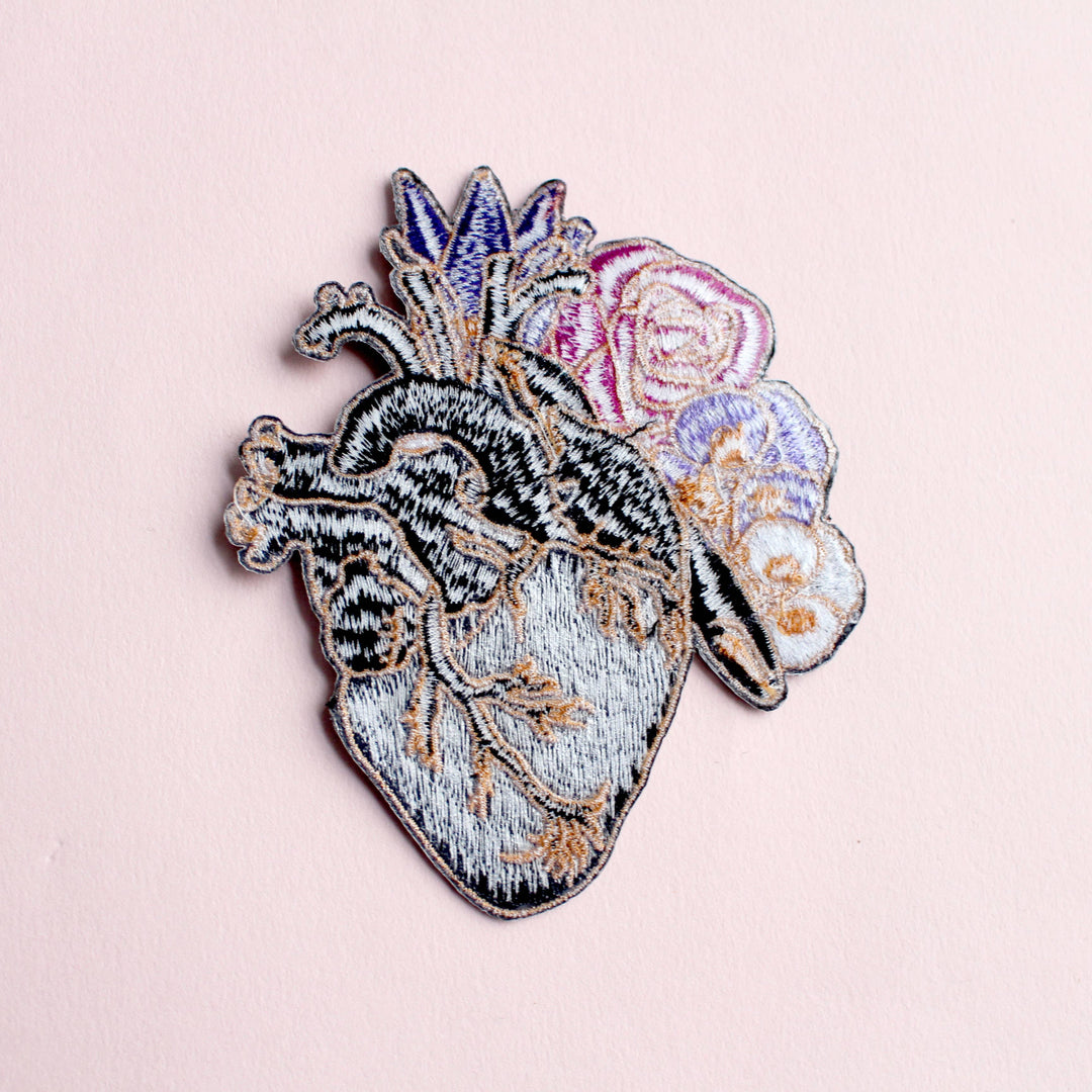 Anatomical heart embroidered iron-on patch