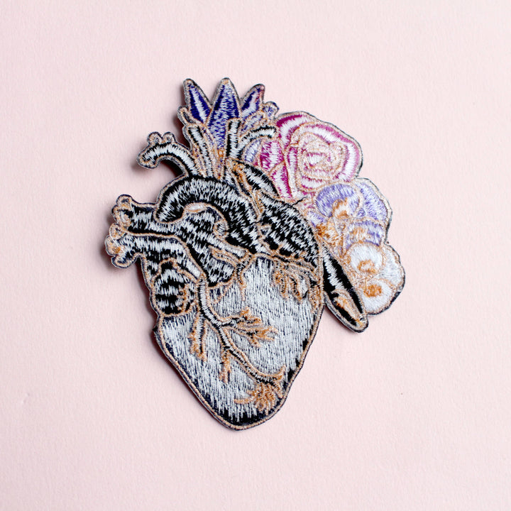 Anatomical heart embroidered iron-on patch