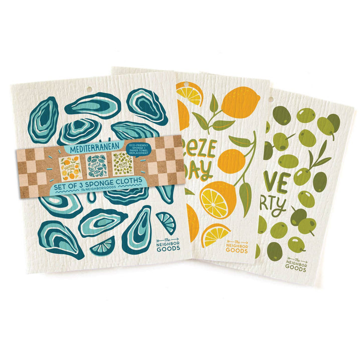 MEDITERRANEAN (Oyster, Lemon, Olives) Sponge Cloth Set of 3