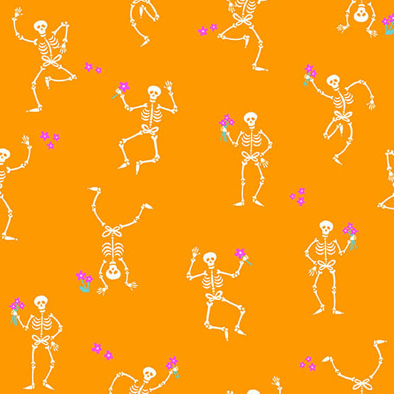 Ghostly Garden by the 1/4 Yard - Skeleton Jig Orange