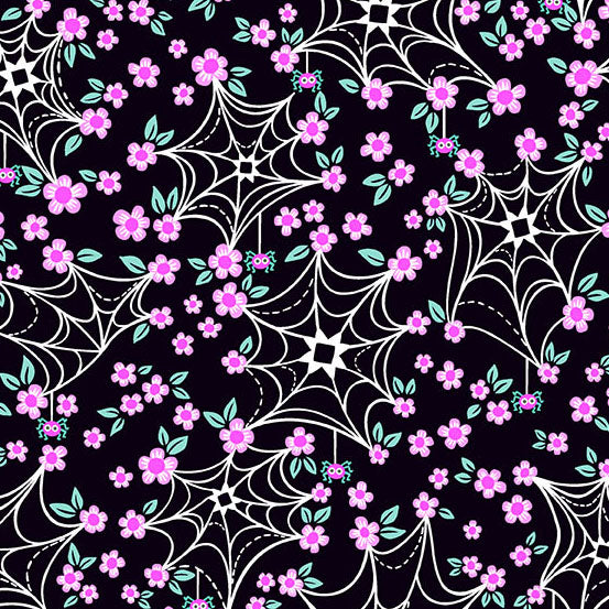 Ghostly Garden by the 1/4 Yard - Web & Bloom Black
