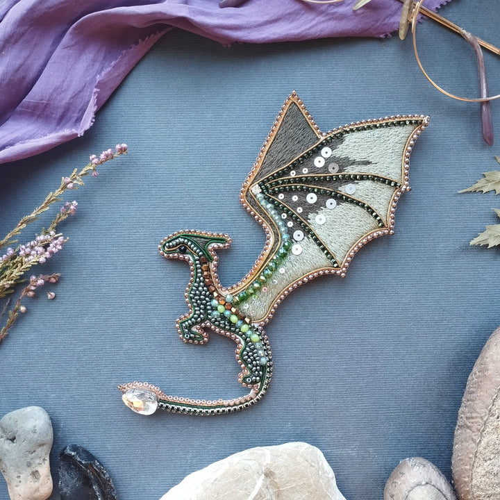 Green Dragon Beaded Brooch Kit: DIY Embroidery Jewelry
