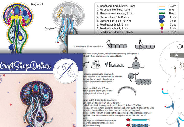 Set of 3 Jellyfish Brooches, Embroidery Kit: DIY Needlework