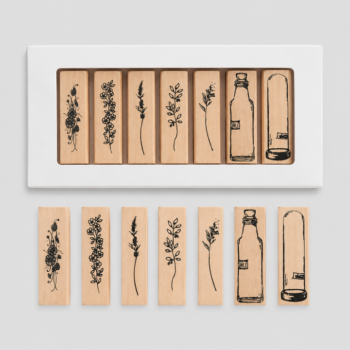 Vintage Plant &amp; Vase Wooden Rubber Stamp Set