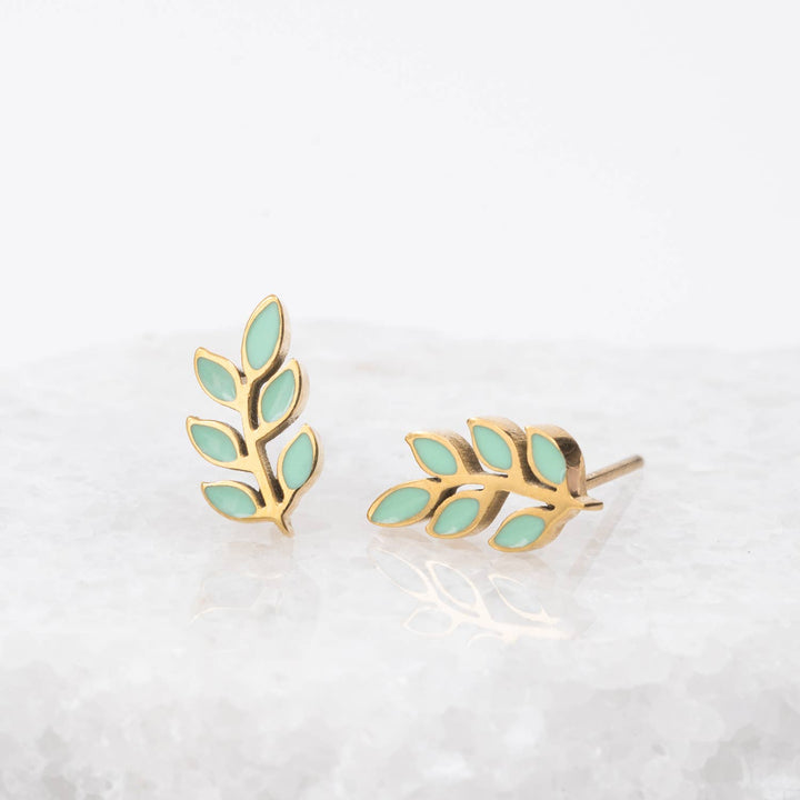 Rowen Leaf Stud Earrings- Gold Plated Leaf Design Studs Mint Green Stud Earrings