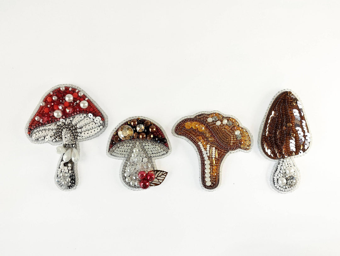 Set of 4 Bead Embroidery Kit: DIY Forest Mushroom Brooch