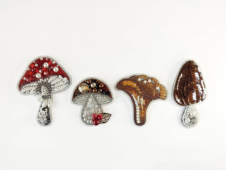Set of 4 Bead Embroidery Kit: DIY Forest Mushroom Brooch