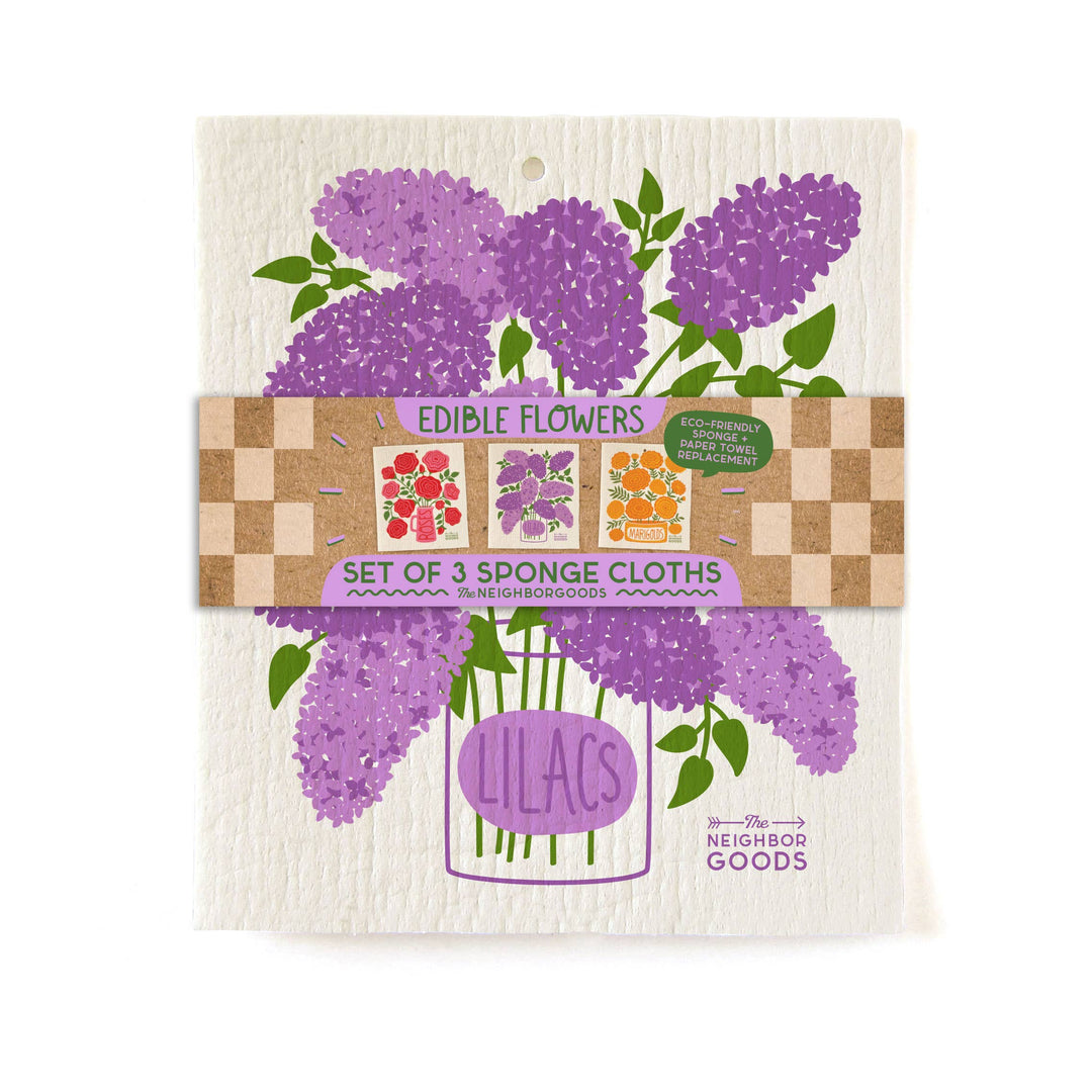 EDIBLE FLOWERS (Lilac, Marigold, Rose) Sponge Cloth Set of 3