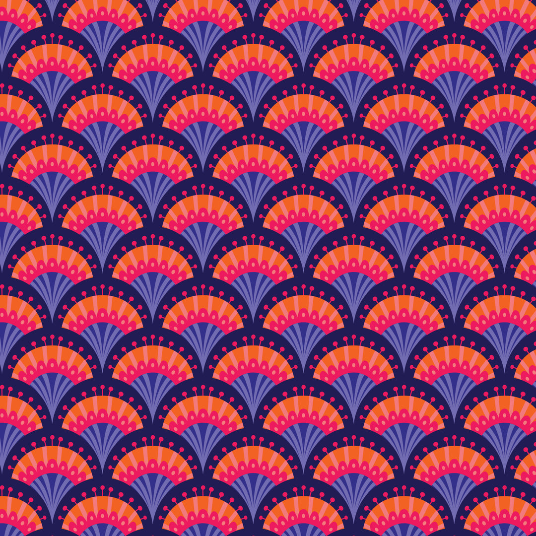 Blooming Garden by the 1/4 Yard - Navy Fan Flowers
