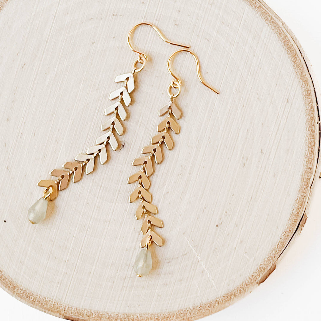 Long Gold Chevron and  Grey Bead Earrings