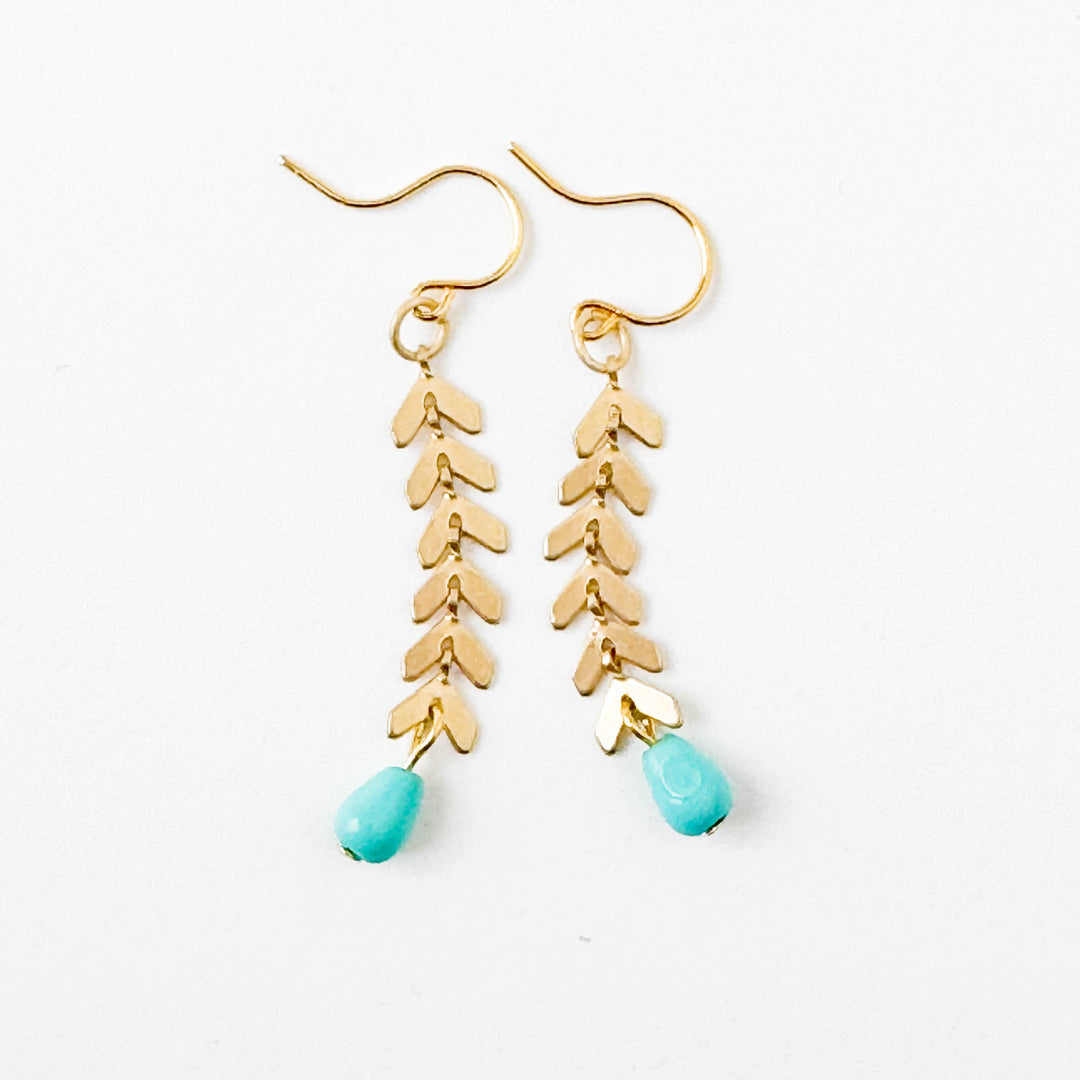 Gold Chevron Earrings With Turquoise Glass Beads