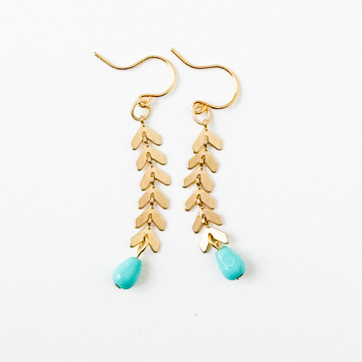 Gold Chevron Earrings With Turquoise Glass Beads