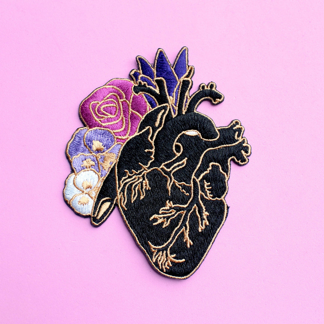 Anatomical heart embroidered iron-on patch