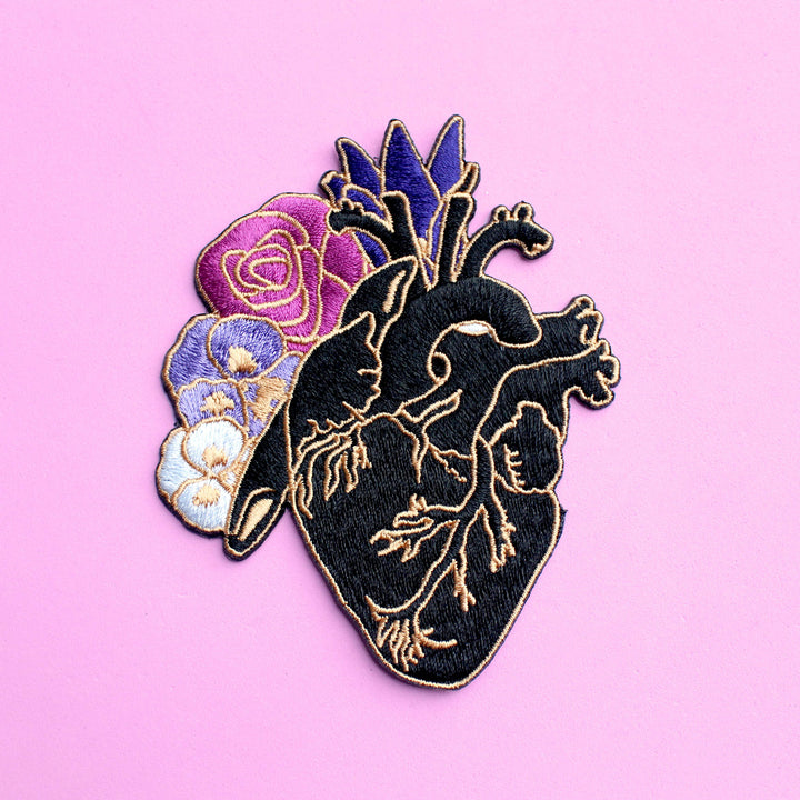 Anatomical heart embroidered iron-on patch