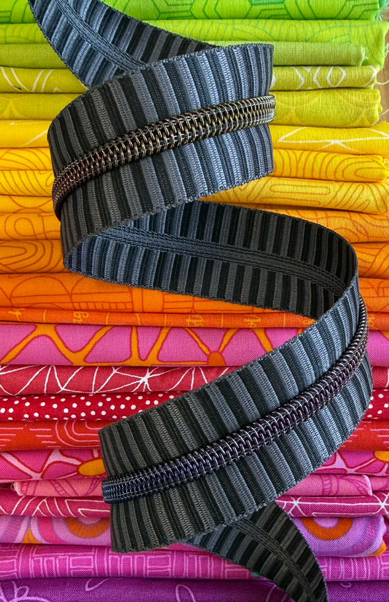 Wide Black &amp; Grey Stripe Zipper Tape with Rainbow teeth