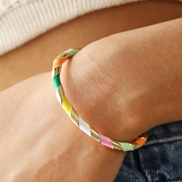 Colourful Enamel Striped Bangle in Gold