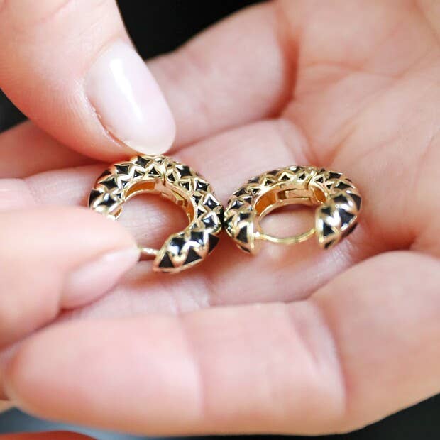 Black Geometric Enamel Hoop Earrings in Gold
