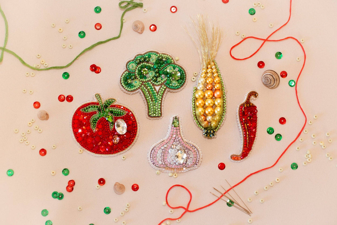 Set of 5 Vegetable Brooch Bead Embroidery Kits