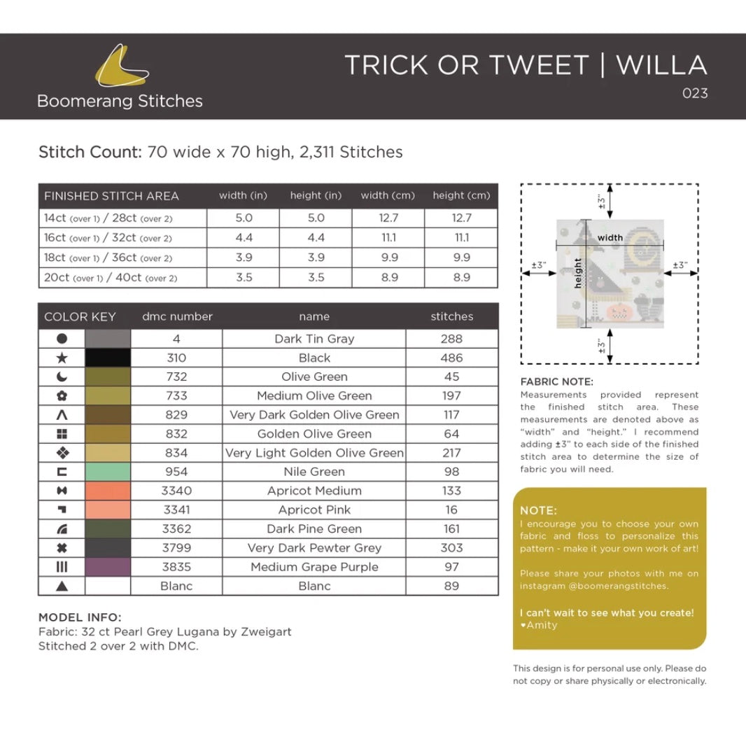 Trick or Tweet Willa Cross Stitch Pattern
