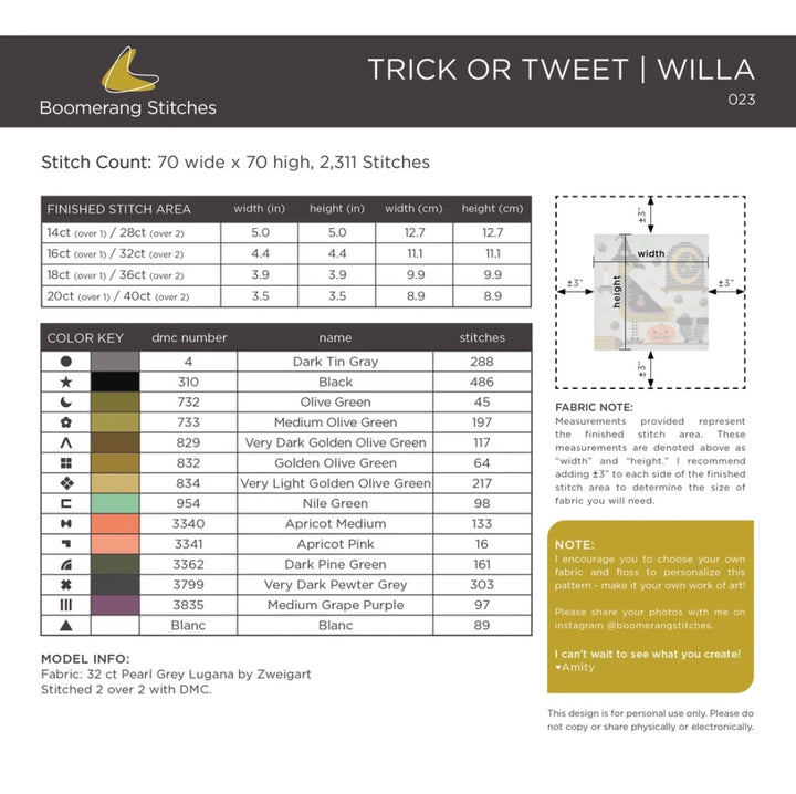 Trick or Tweet Willa Cross Stitch Pattern