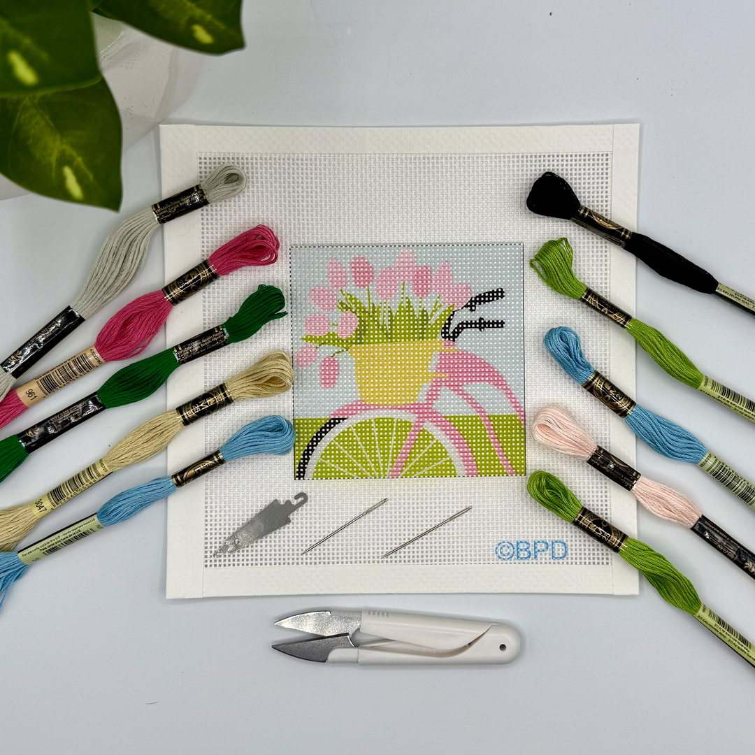 Bicycle with Pink Flowers Needlepoint Kit
