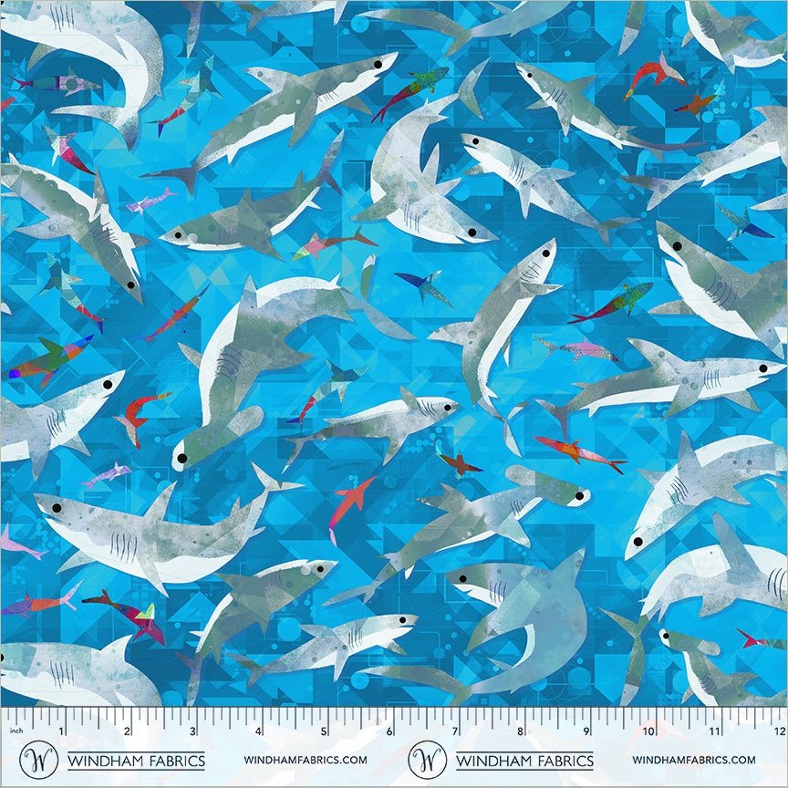 Animal Kingdom by the 1/4 Yard - Stealthy Sharks Cyan