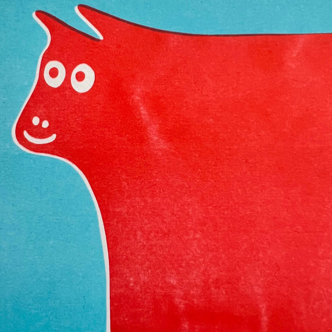 Cow Art Print in Red and Light Blue